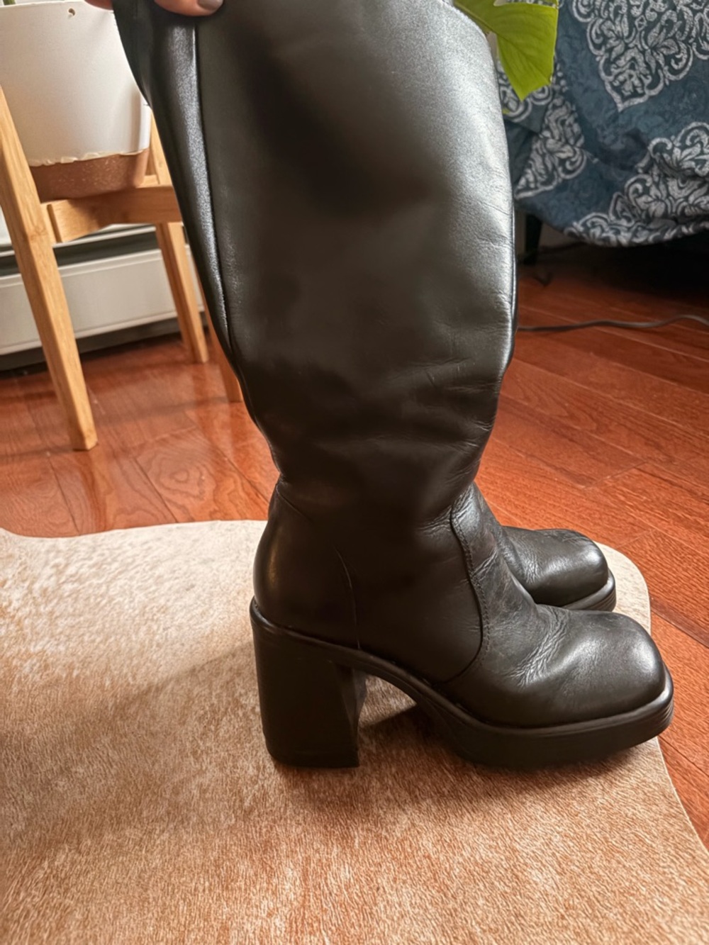 Steve Madden Black Leather Block Heel Knee Boots